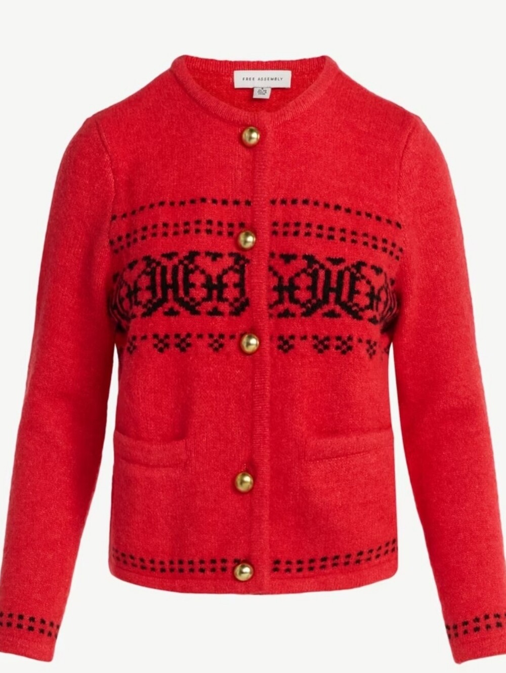 NWT Womens Free Assembly Red Fair Isle Holiday Cardigan Sweater Gold Buttons XS
